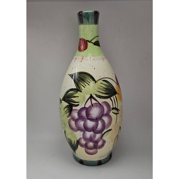 Vintage Style Pottery Vase Bottle 9.5" Hand Painted Fruit Grapes Rooster China - Picture 1 of 6